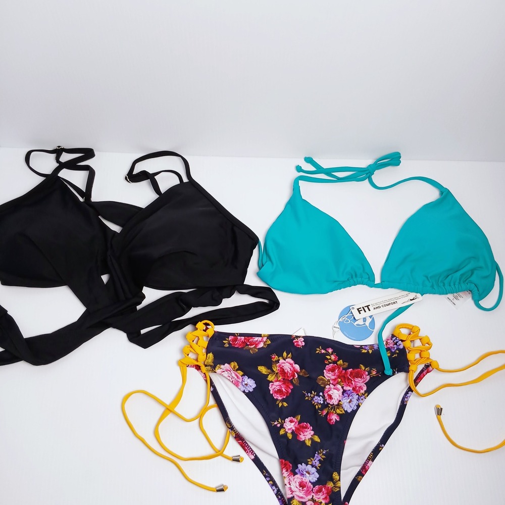 3 Piece Bikini Bundle Teal Black Wrap Floral Lace‎ Up Bottoms Large NEW